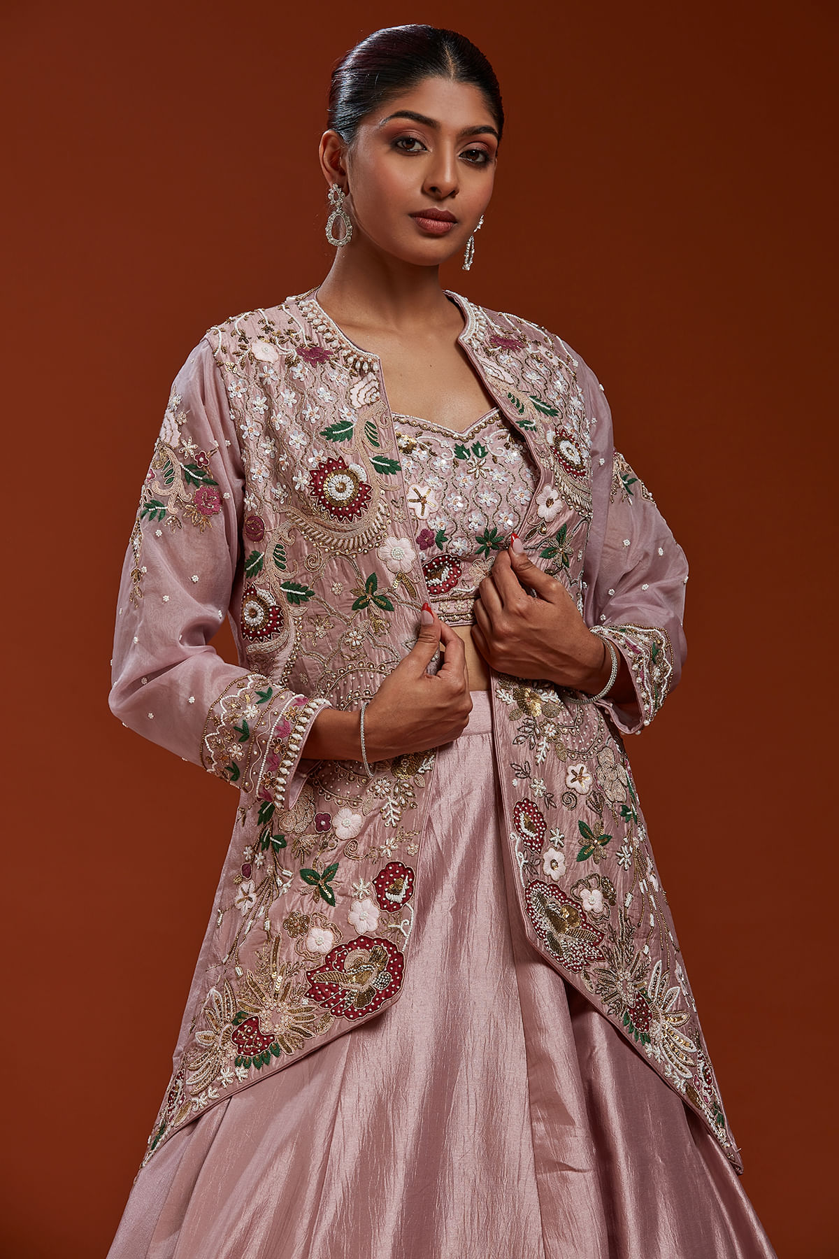 Indian Lilac Zardosi Embroidered Silk Indo-Western Lehenga (3-Piece) - Image 2