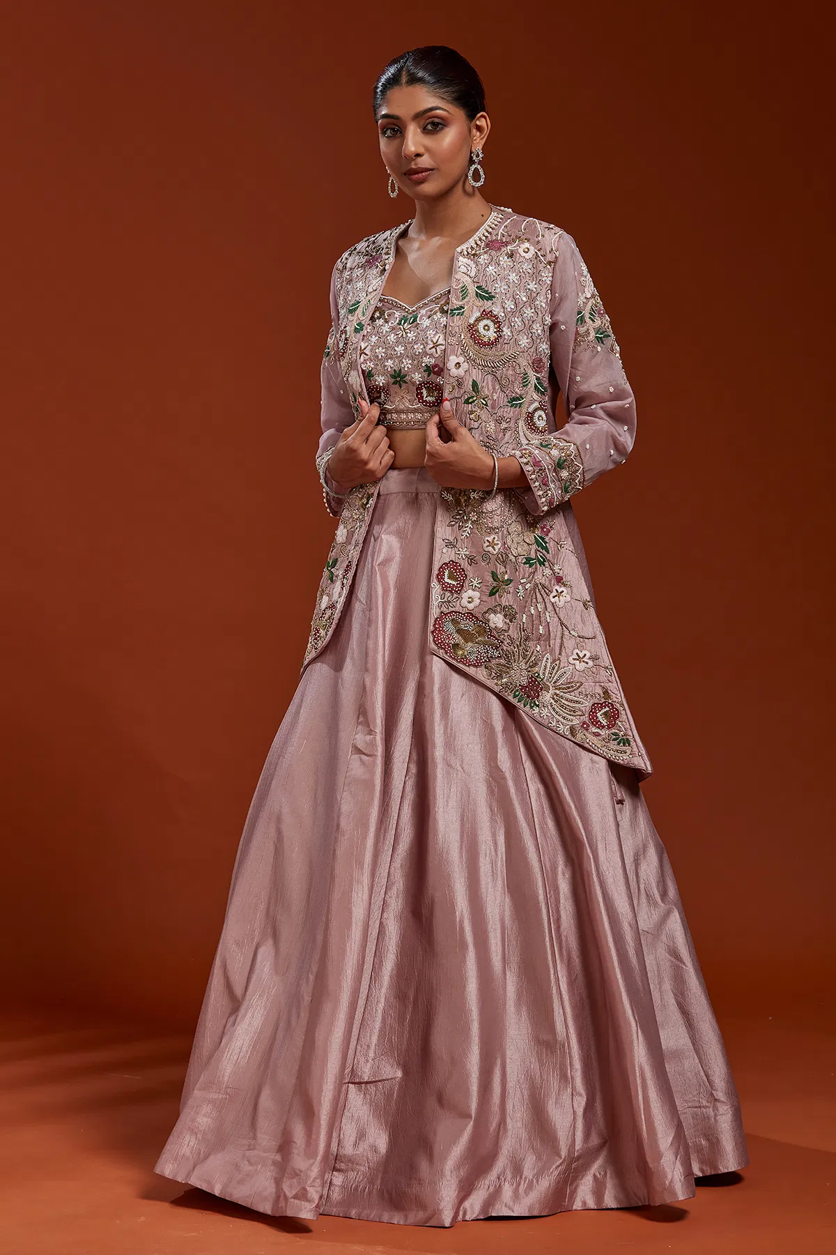 Indian Lilac Zardosi Embroidered Silk Indo-Western Lehenga (3-Piece) - Image 4