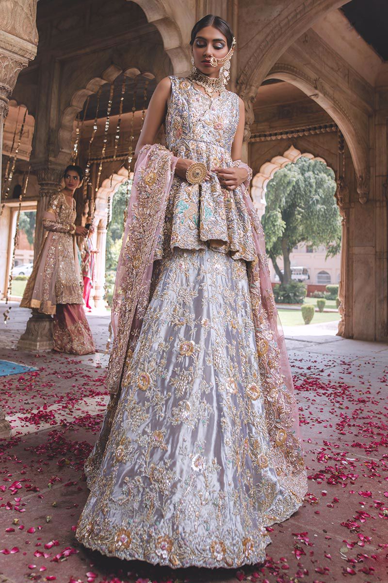 Pakistani Lilac Embroidered Tissue Peplum Bridal Lehenga (3-Piece) - Image 1