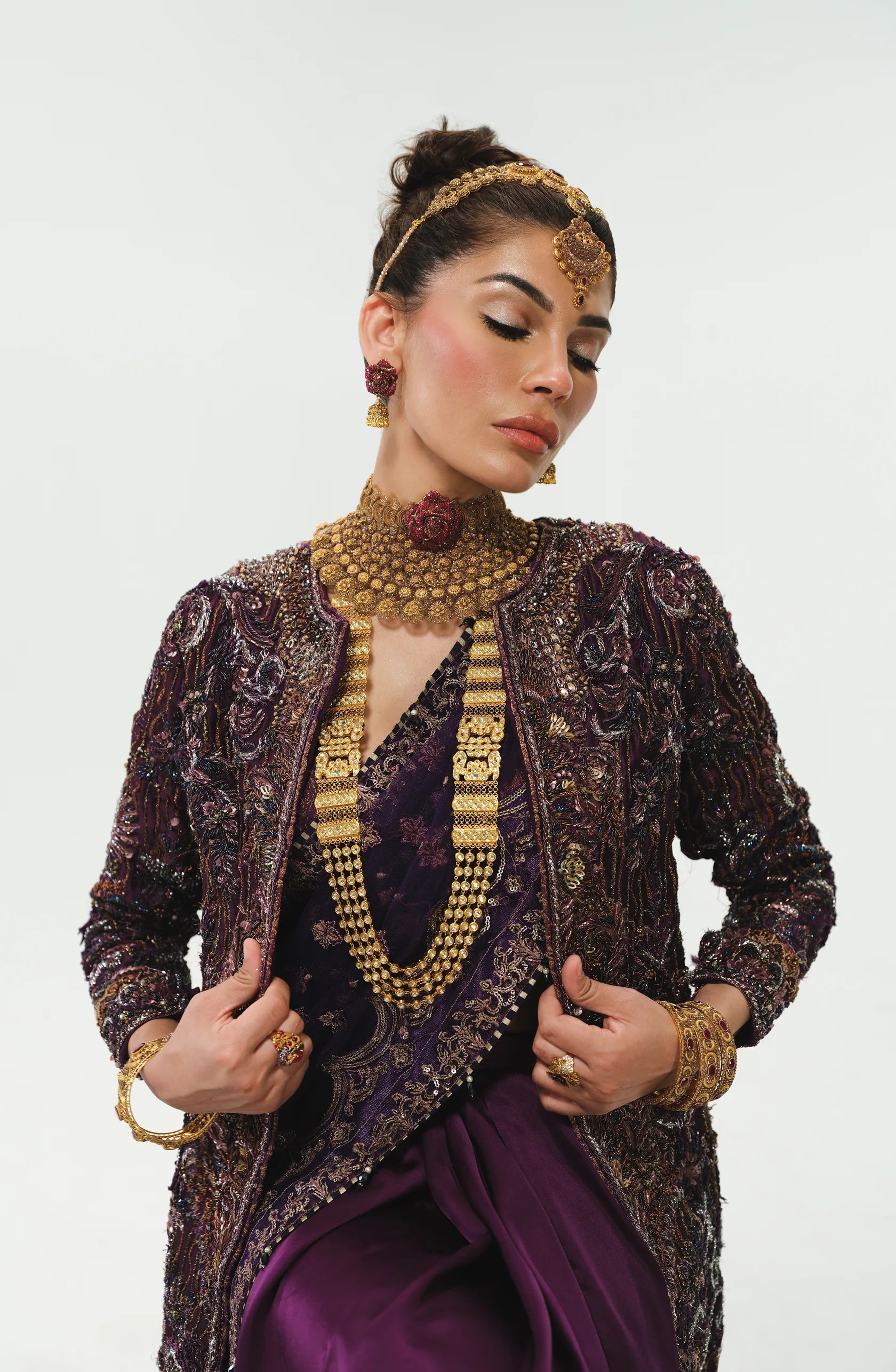 Aubergine Embroidered Tissue Silk Bridal Lehenga (3-Piece) - Image 1