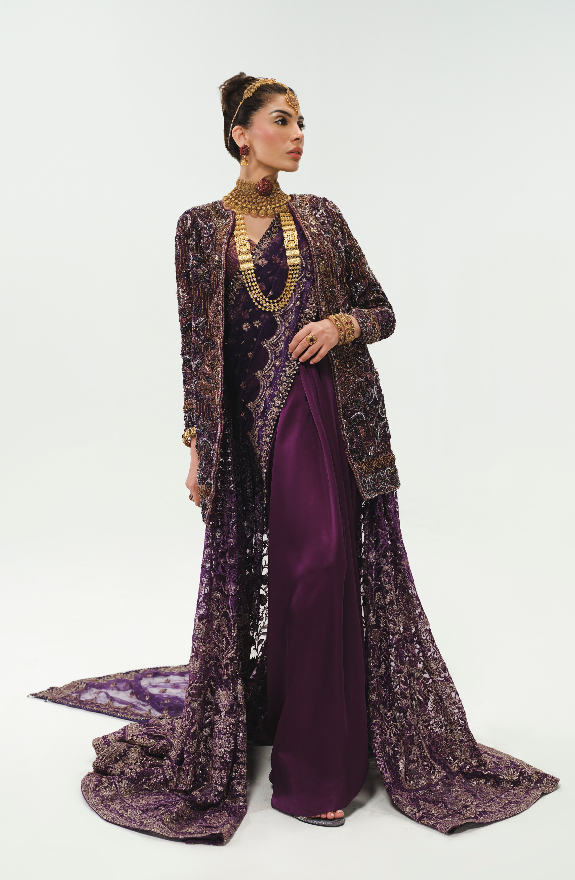 Aubergine Embroidered Tissue Silk Bridal Lehenga (3-Piece) - Image 2
