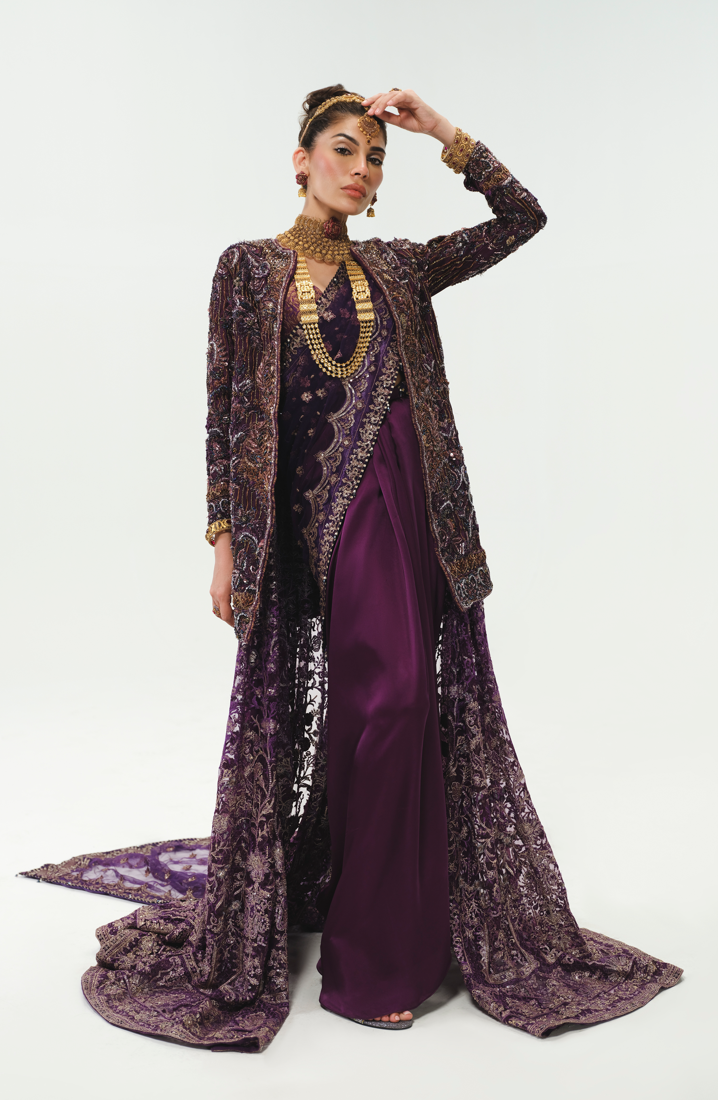 Aubergine Embroidered Tissue Silk Bridal Lehenga (3-Piece) - Image 3