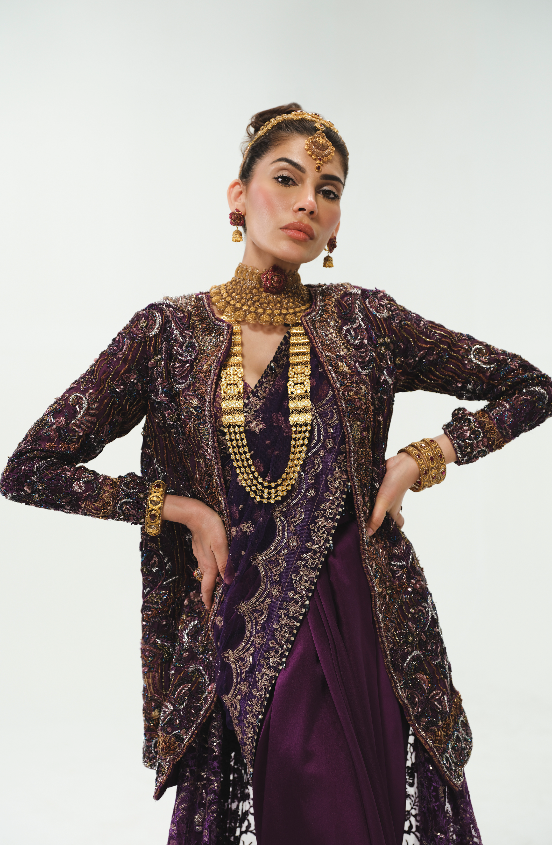 Aubergine Embroidered Tissue Silk Bridal Lehenga (3-Piece) - Image 4