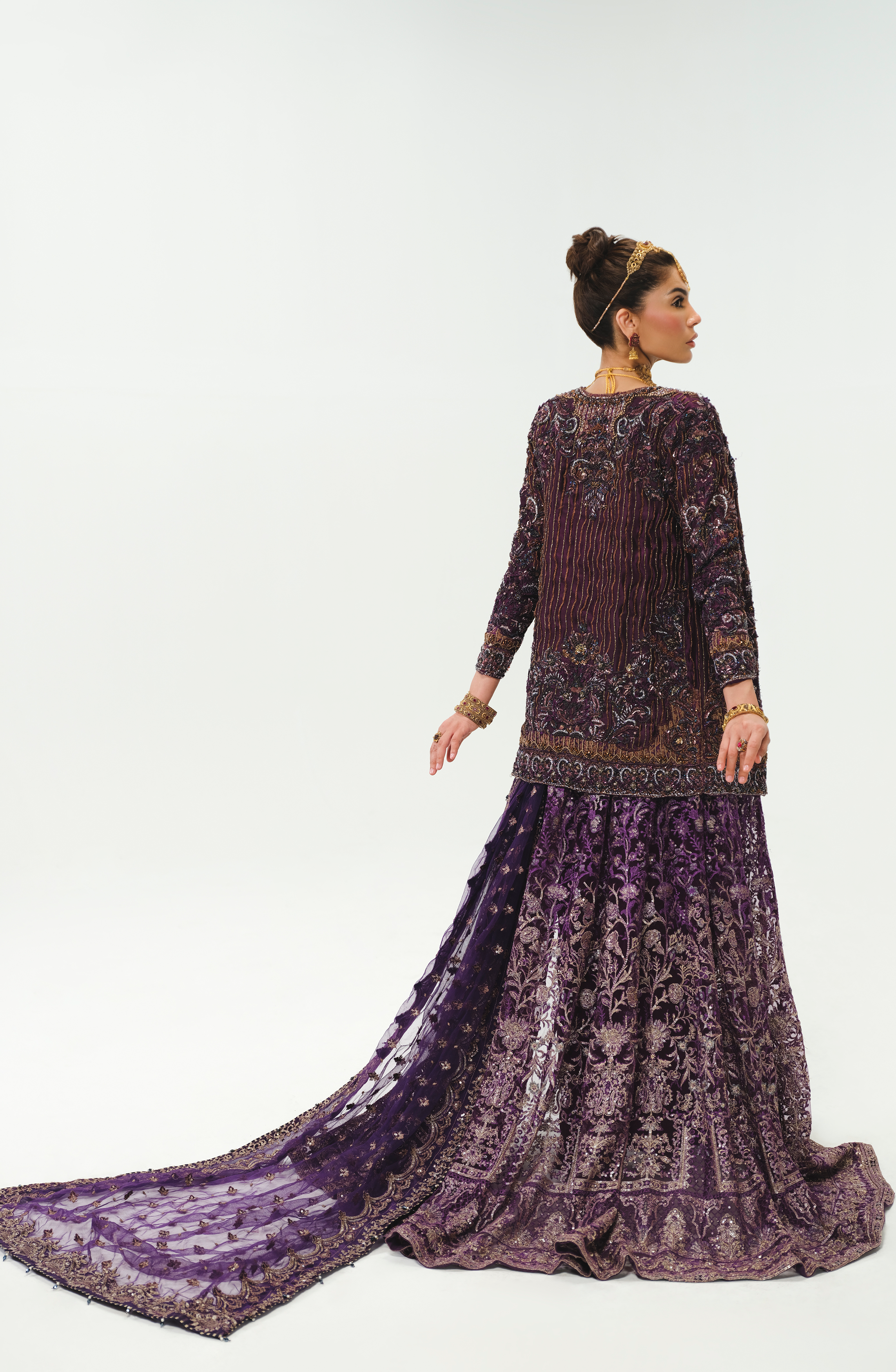 Aubergine Embroidered Tissue Silk Bridal Lehenga (3-Piece) - Image 5
