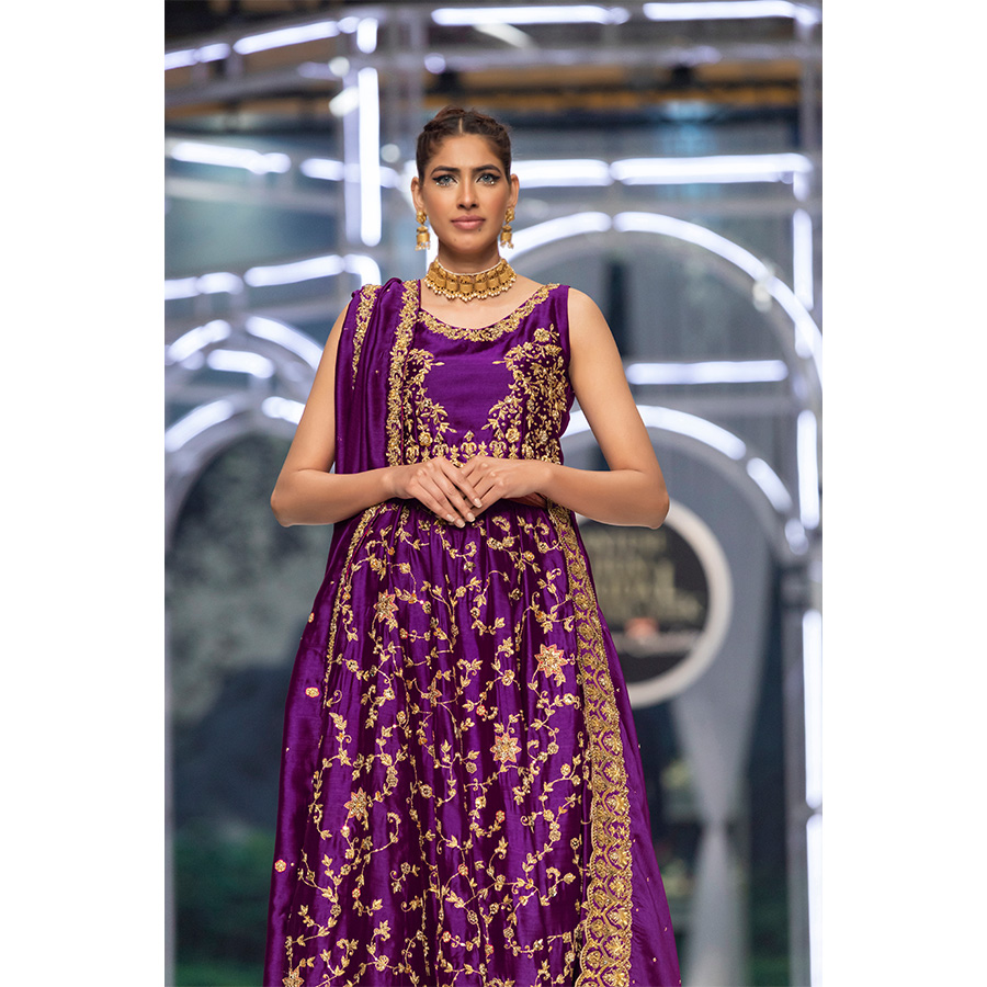 Pakistani Electric Purple Zardozi Tissue Silk Lehenga Choli (3-Piece) - Image 1
