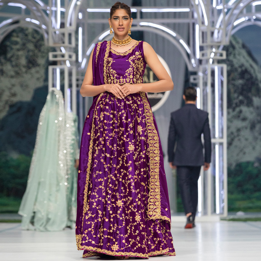 Pakistani Electric Purple Zardozi Tissue Silk Lehenga Choli (3-Piece) - Image 2