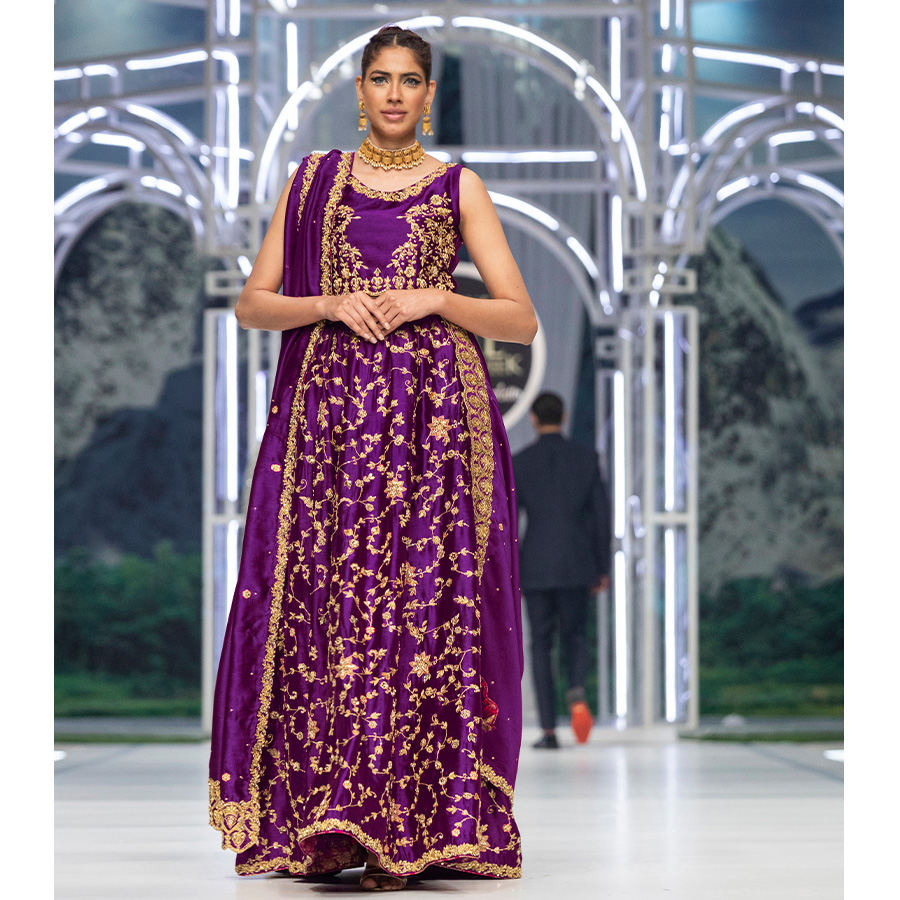 Pakistani Electric Purple Zardozi Tissue Silk Lehenga Choli (3-Piece) - Image 3