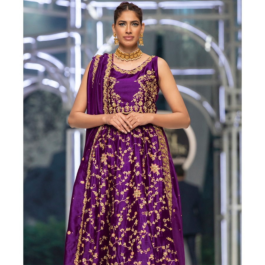 Pakistani Electric Purple Zardozi Tissue Silk Lehenga Choli (3-Piece) - Image 4