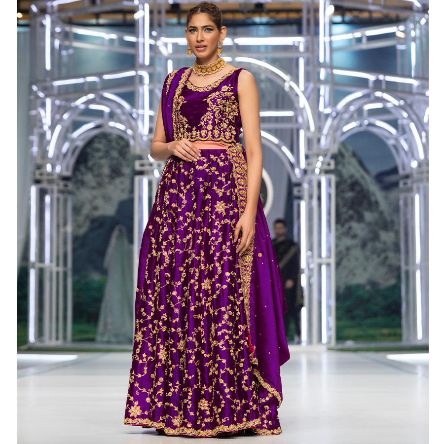 Pakistani Electric Purple Zardozi Tissue Silk Lehenga Choli (3-Piece) - Image 5