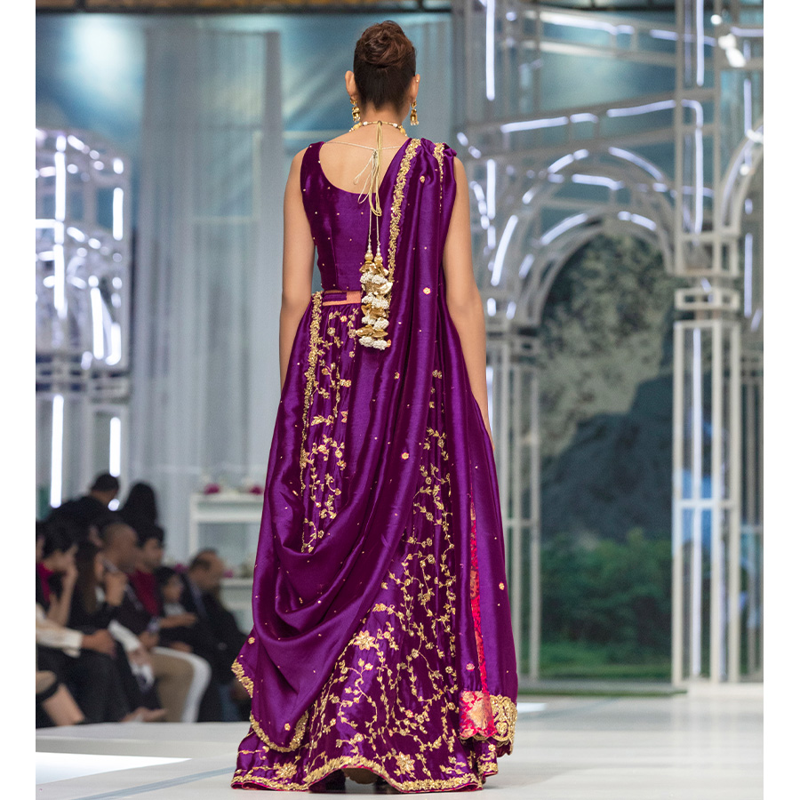 Pakistani Electric Purple Zardozi Tissue Silk Lehenga Choli (3-Piece) - Image 6