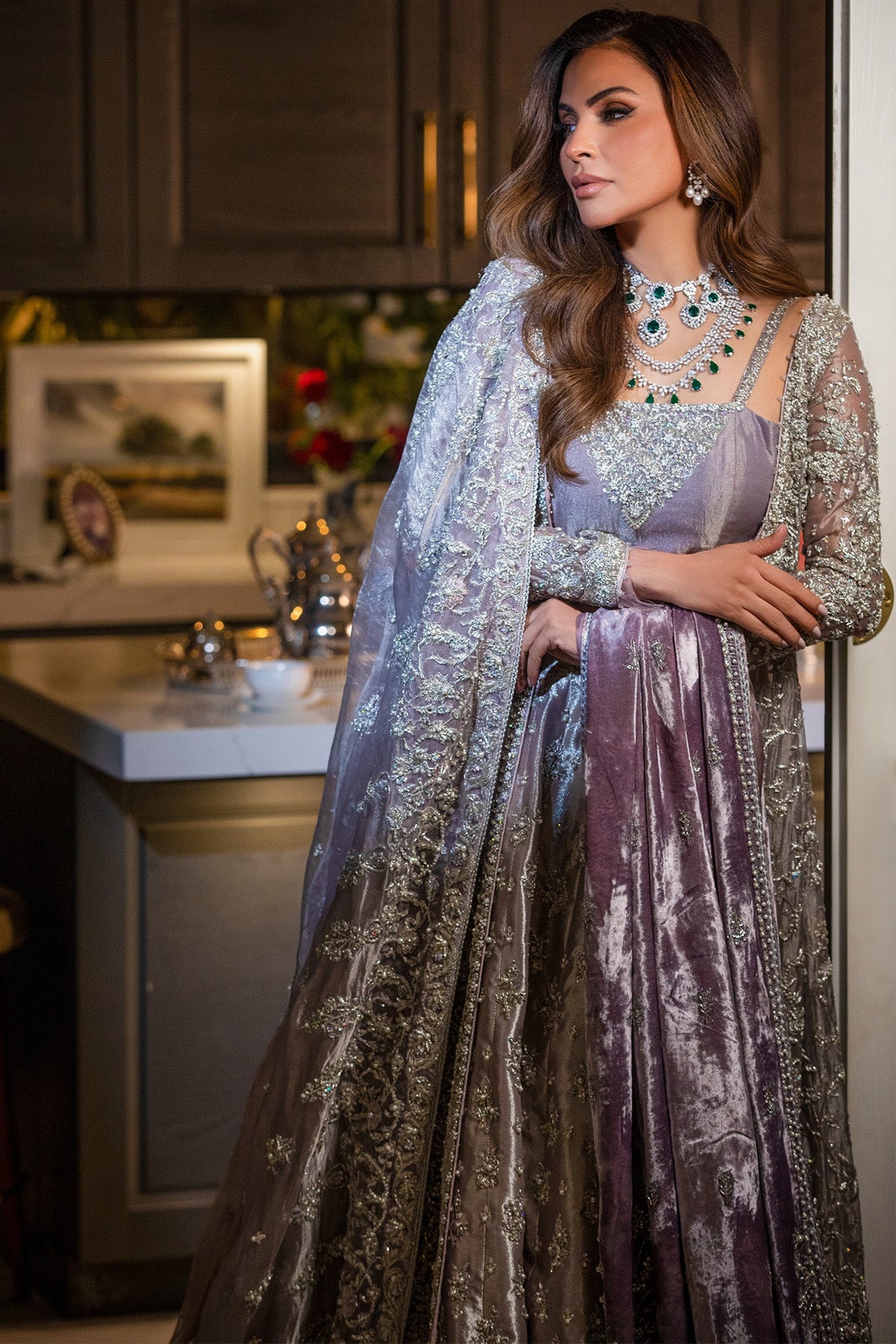 Lilac Zardozi Tissue Bridal Lehenga Gown (3-Piece) - Image 1