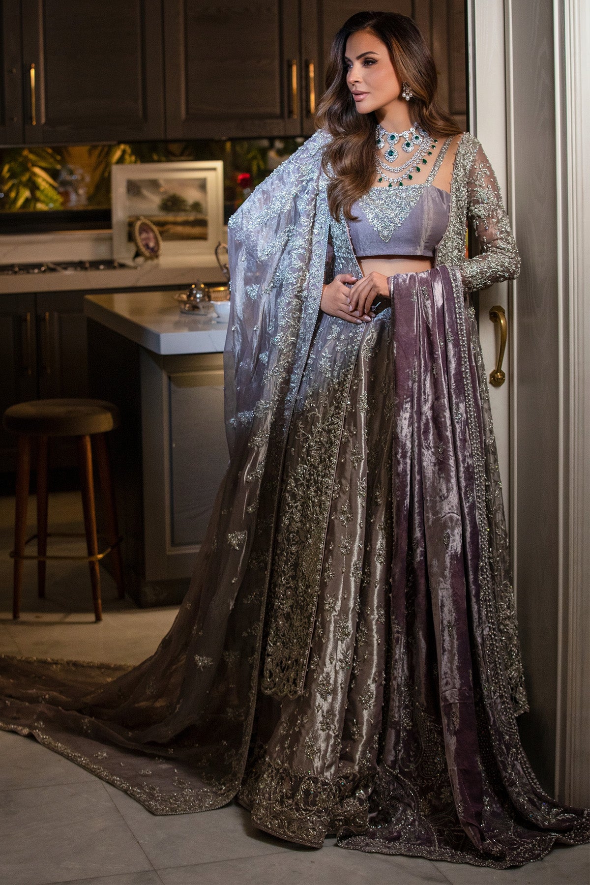 Lilac Zardozi Tissue Bridal Lehenga Gown (3-Piece) - Image 2