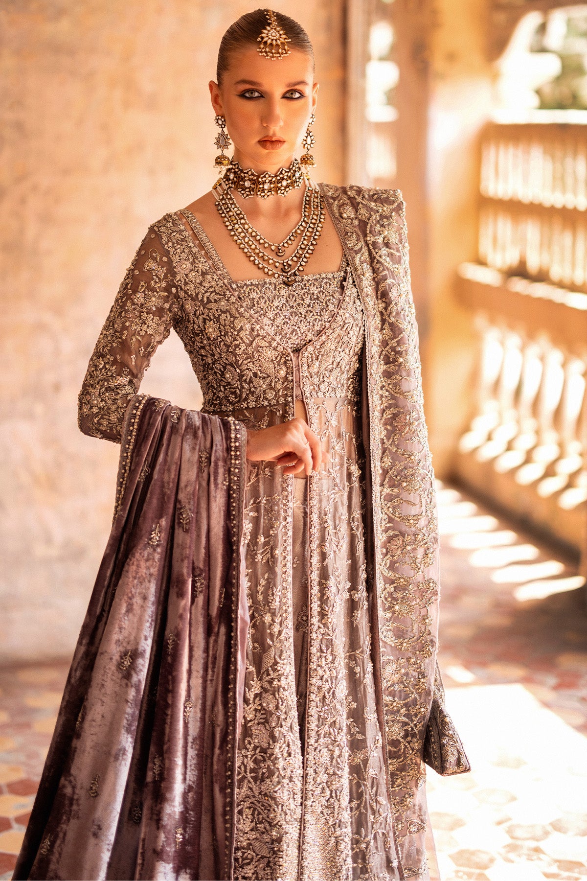 Lilac Zardozi Tissue Bridal Lehenga Gown (3-Piece) - Image 3