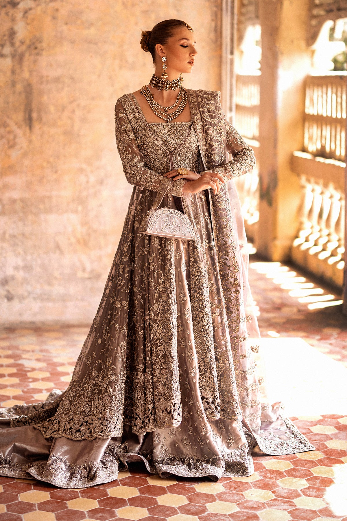 Lilac Zardozi Tissue Bridal Lehenga Gown (3-Piece) - Image 4