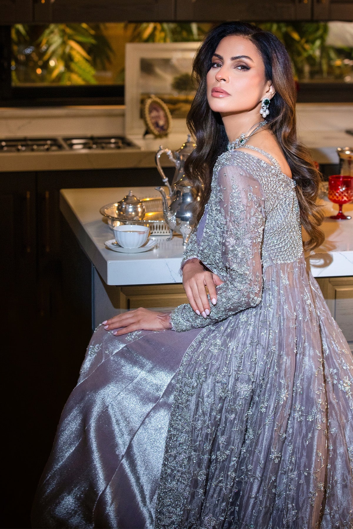 Lilac Zardozi Tissue Bridal Lehenga Gown (3-Piece) - Image 6