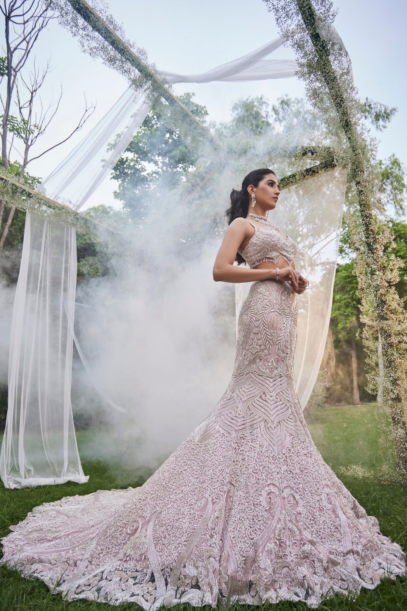 Lilac Embroidered Tulle Fish Cut Lehenga (3-Piece) - Image 1