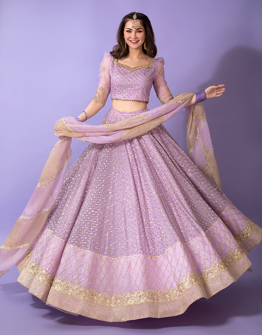 Lilac Embroidered Tulle & Chiffon Lehenga Choli (3-Piece) - Image 1