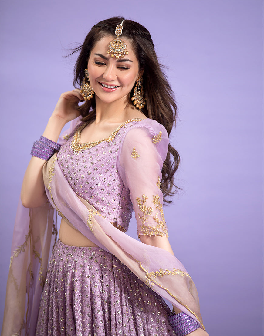 Lilac Embroidered Tulle & Chiffon Lehenga Choli (3-Piece) - Image 2