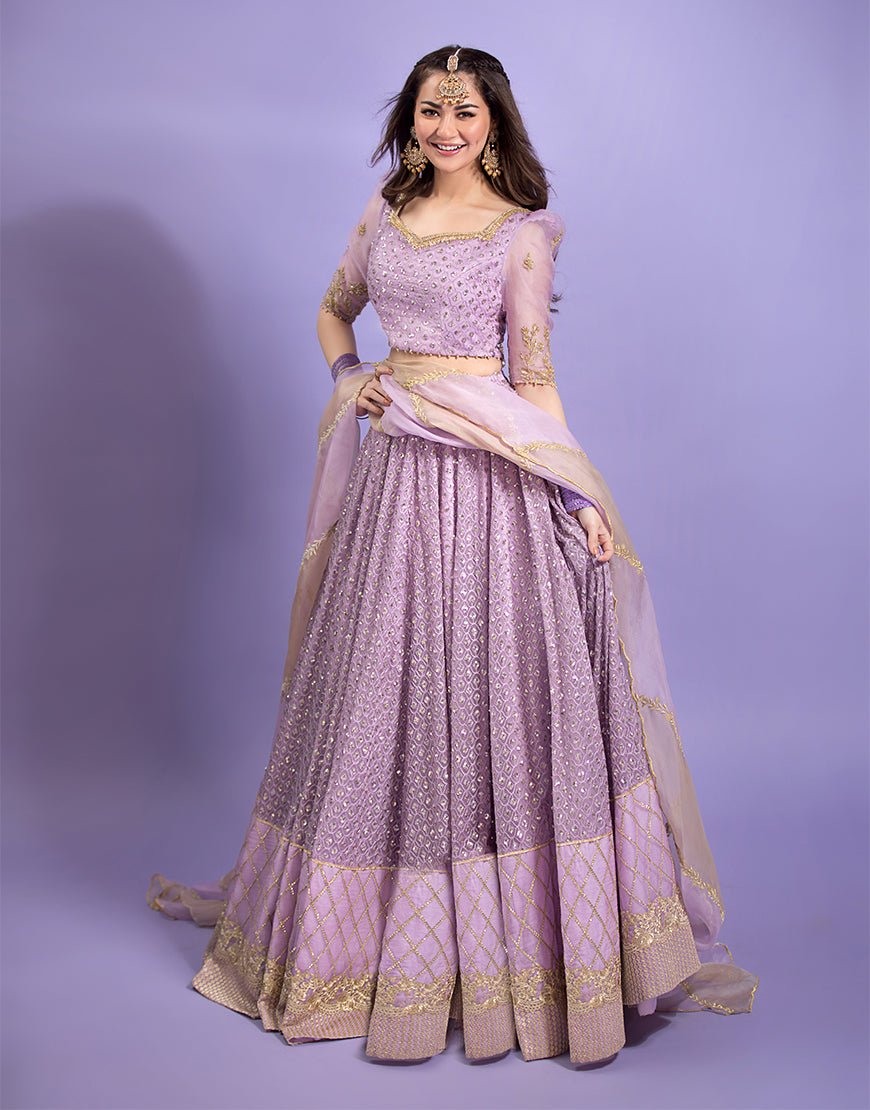Lilac Embroidered Tulle & Chiffon Lehenga Choli (3-Piece) - Image 3