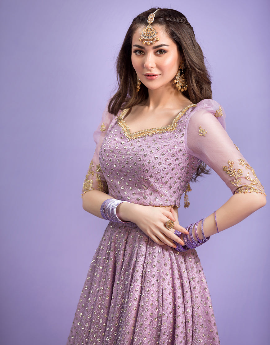 Lilac Embroidered Tulle & Chiffon Lehenga Choli (3-Piece) - Image 4