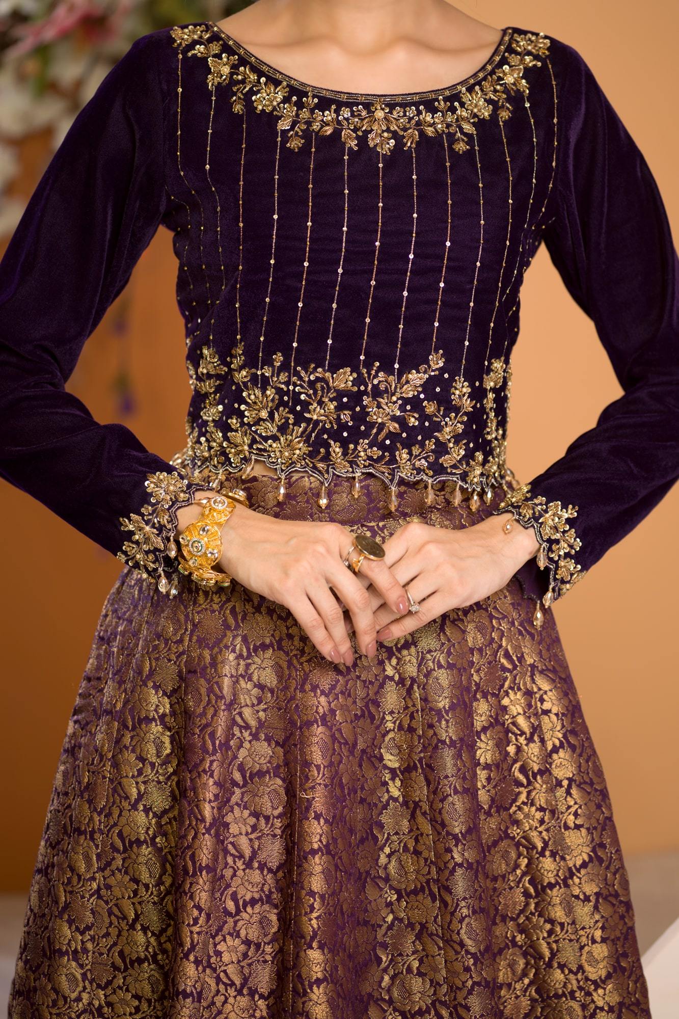 Deep Purple Embroidered Velvet Choli & Banarsi Lehenga (3-Piece) - Image 5