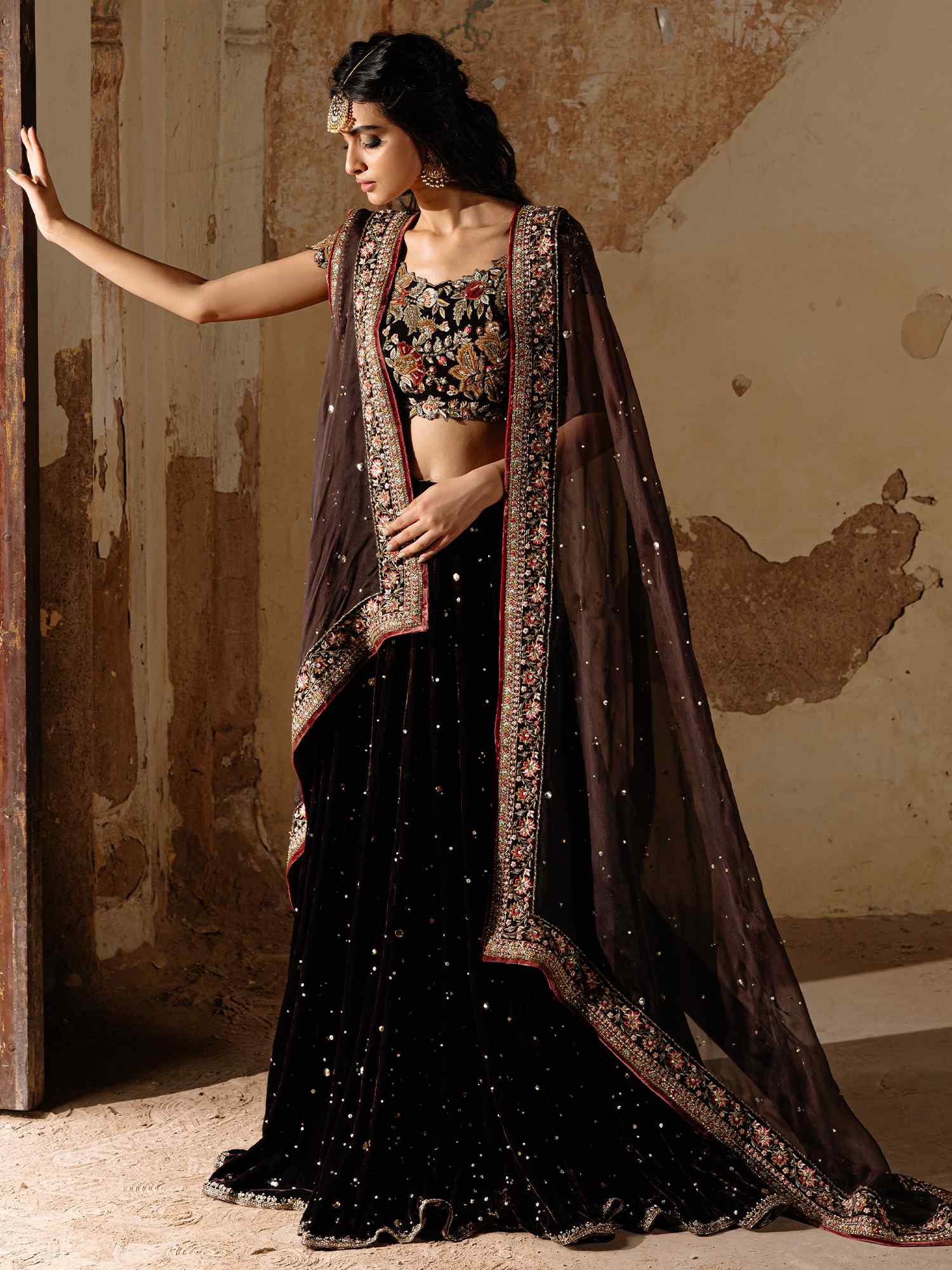 Aubergine Embroidered Velvet Lehenga Set (3-Piece) - Image 1