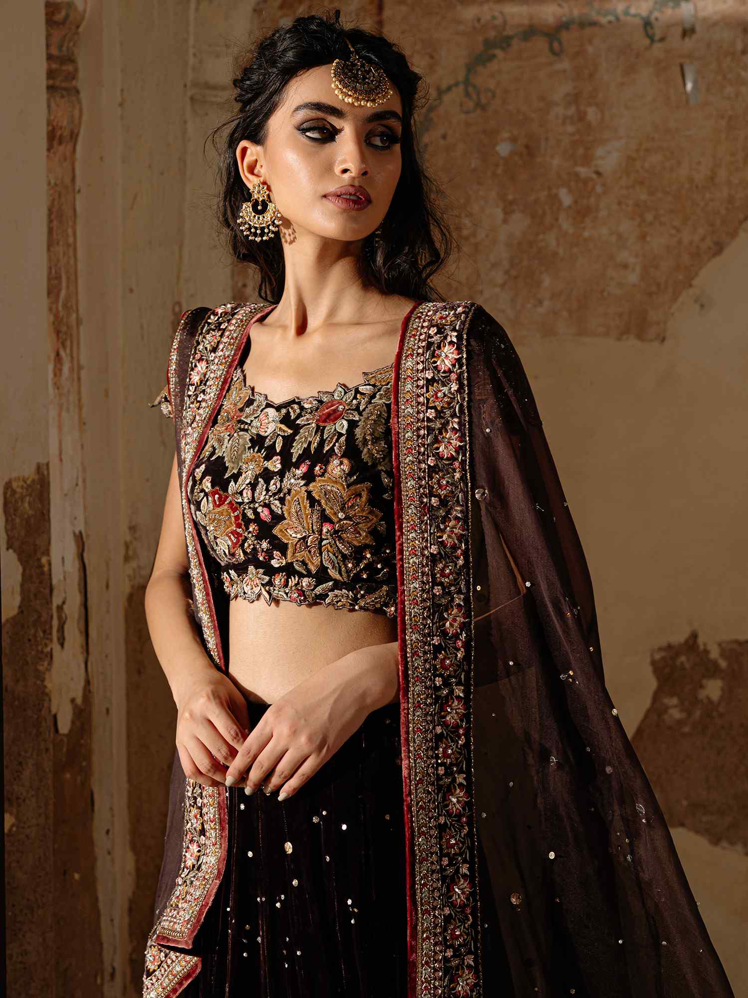 Aubergine Embroidered Velvet Lehenga Set (3-Piece) - Image 2