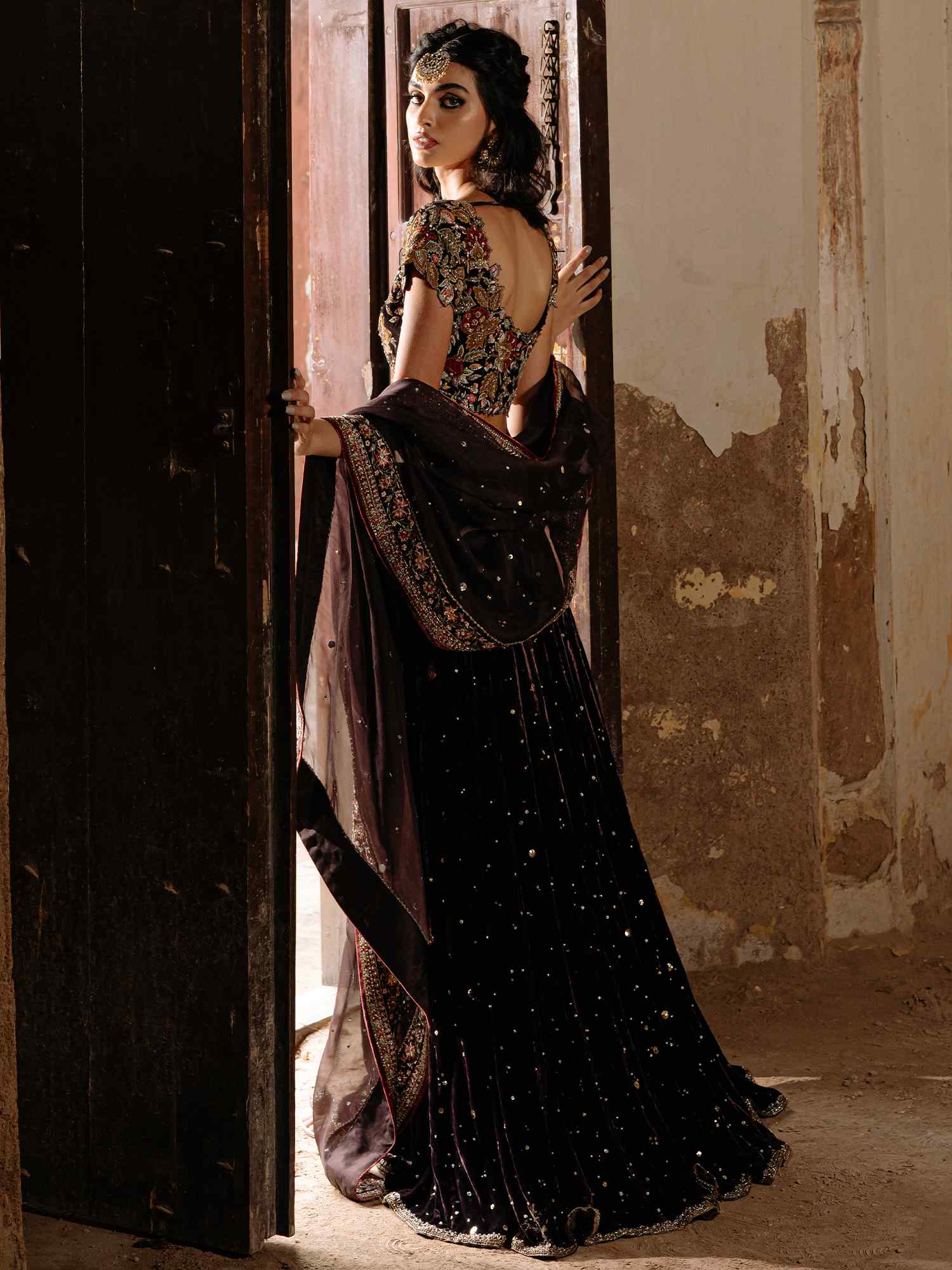 Aubergine Embroidered Velvet Lehenga Set (3-Piece) - Image 3