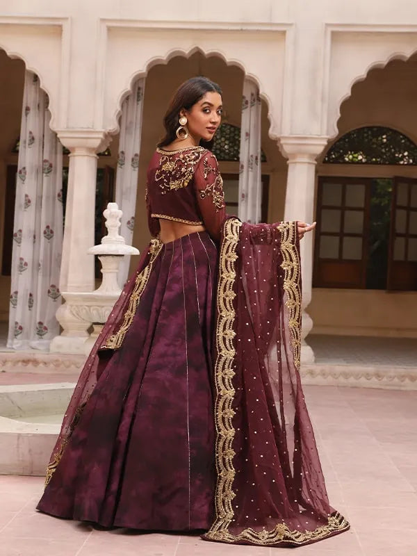 Deep Purple Embroidered Organza Choli & Velvet Lehenga (3-Piece) - Image 2