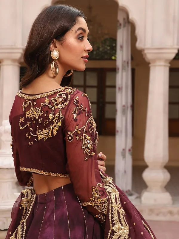 Deep Purple Embroidered Organza Choli & Velvet Lehenga (3-Piece) - Image 3