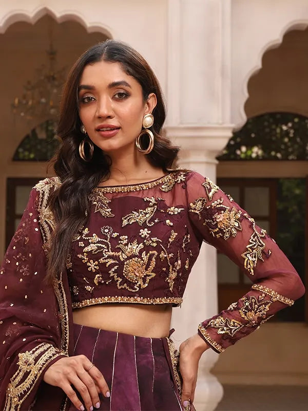 Deep Purple Embroidered Organza Choli & Velvet Lehenga (3-Piece) - Image 4