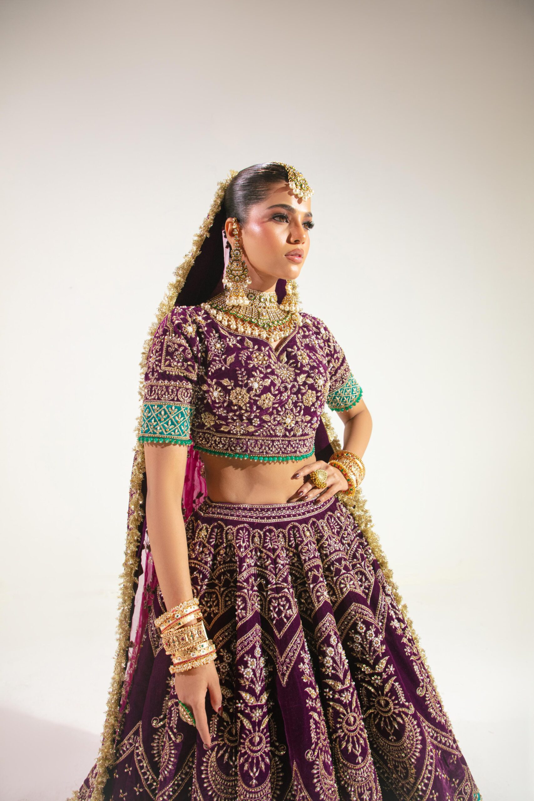 Pakistani Purple Embroidered Velvet Lehenga Set (3-Piece) - Image 2