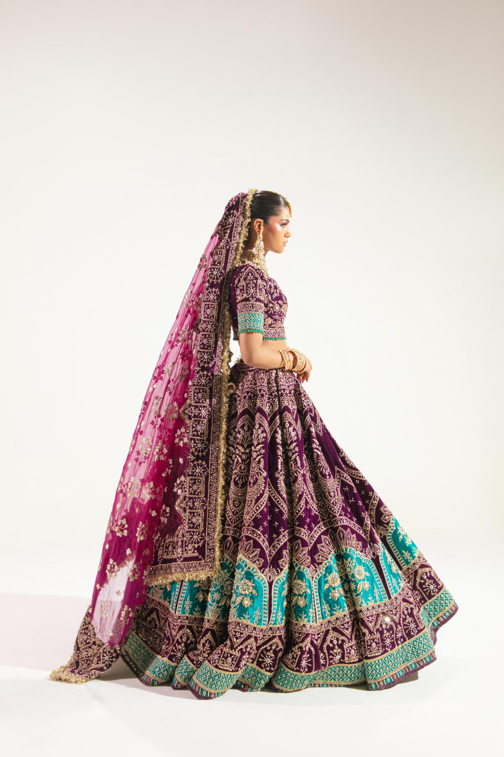 Pakistani Purple Embroidered Velvet Lehenga Set (3-Piece) - Image 3