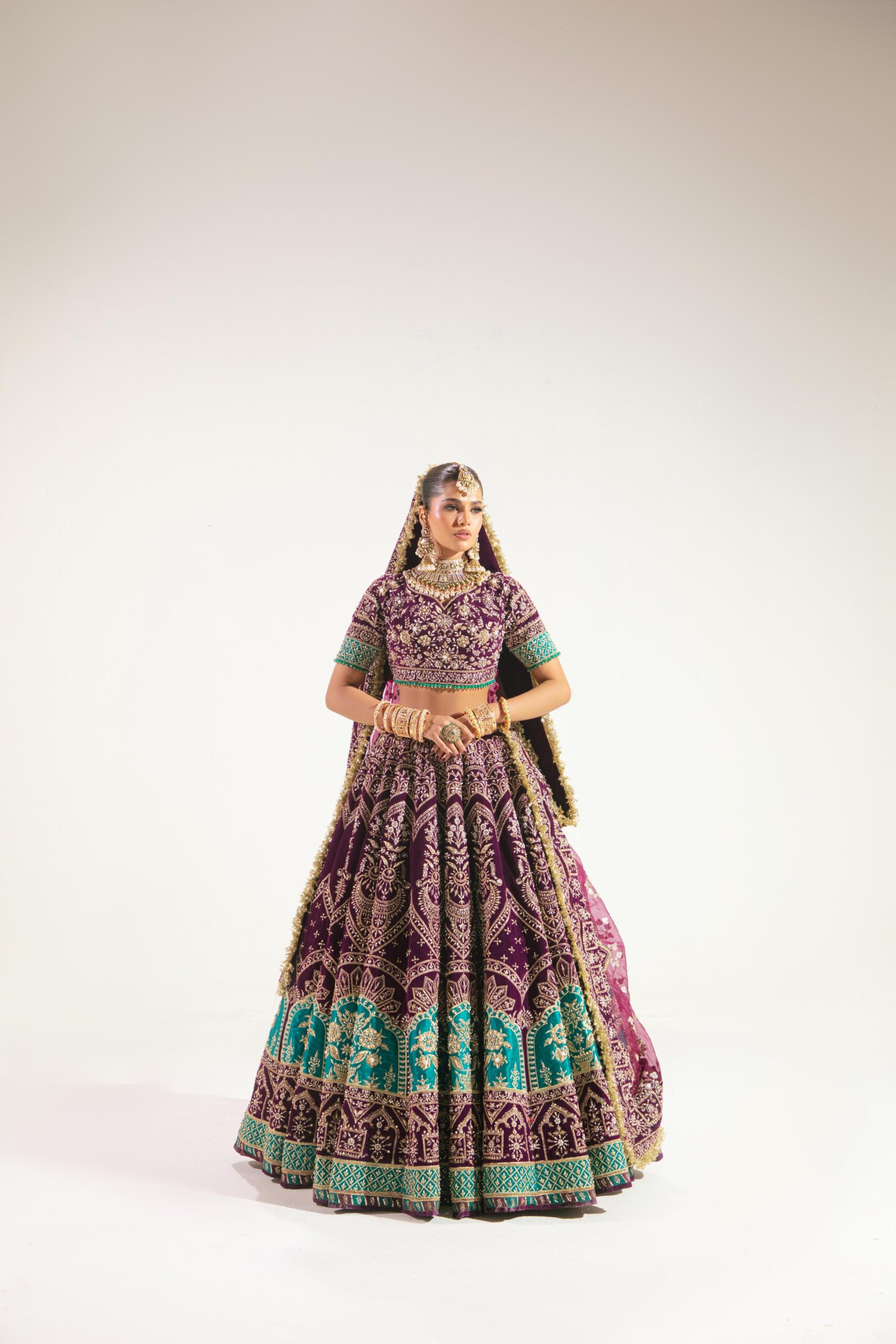 Pakistani Purple Embroidered Velvet Lehenga Set (3-Piece) - Image 4