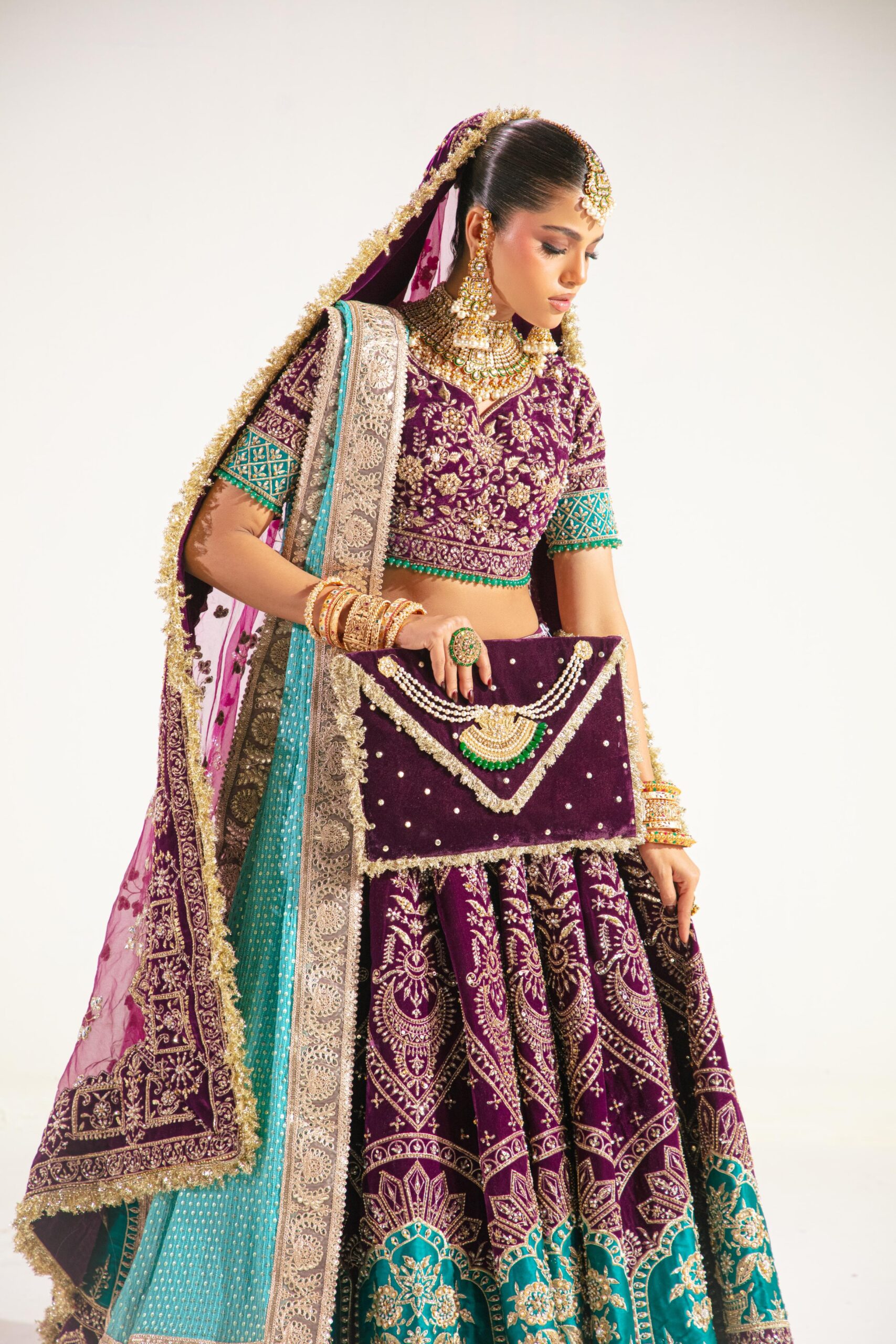 Pakistani Purple Embroidered Velvet Lehenga Set (3-Piece) - Image 5