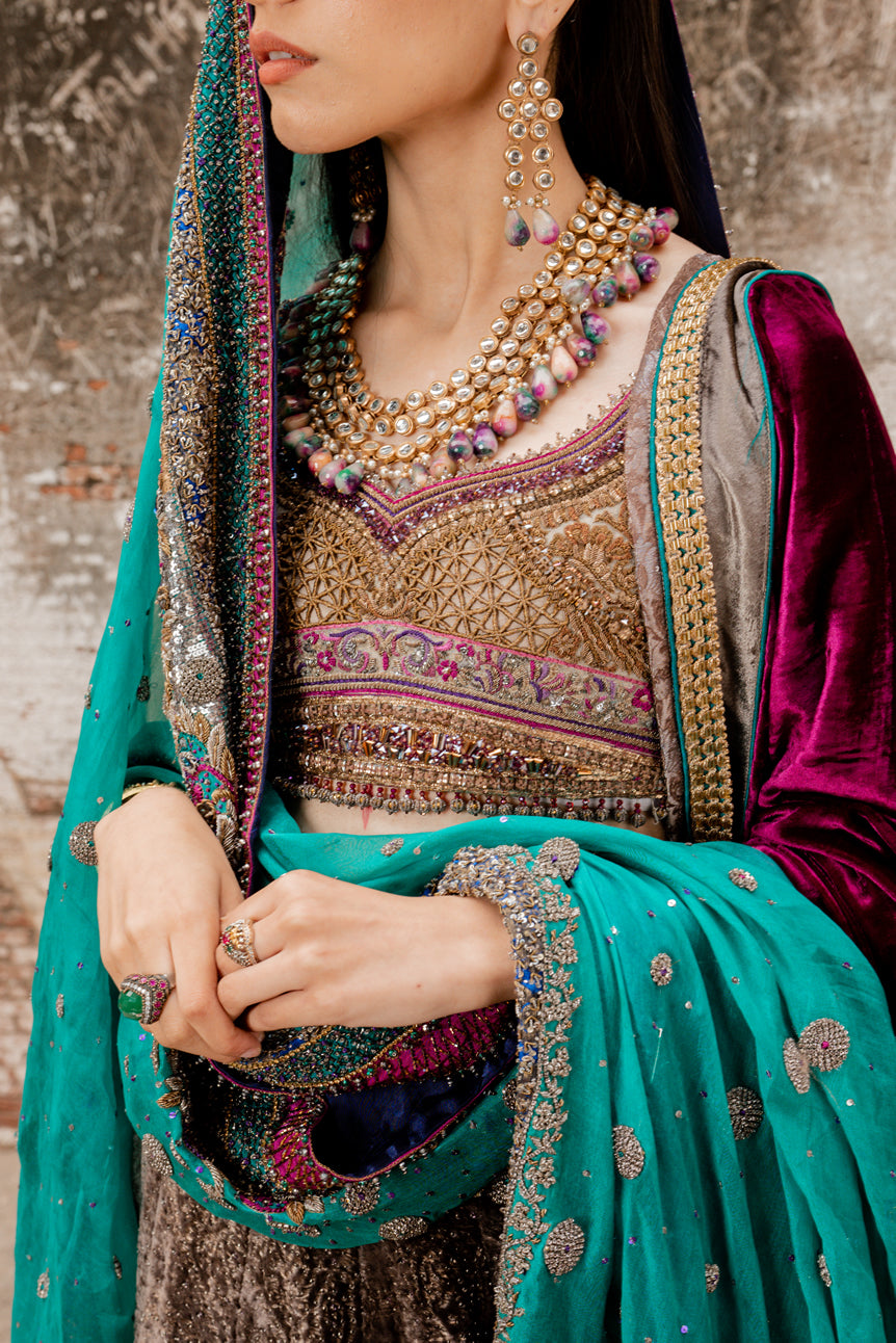 Plum Embroidered Velvet Lehenga Set (3-Piece) - Image 10