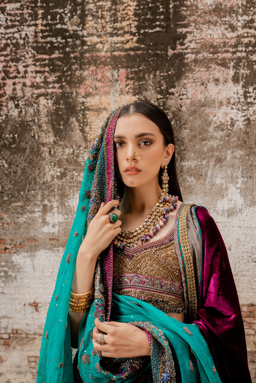 Plum Embroidered Velvet Lehenga Set (3-Piece) - Image 2