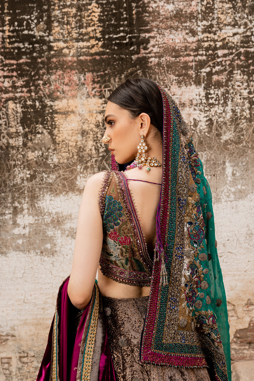 Plum Embroidered Velvet Lehenga Set (3-Piece) - Image 3