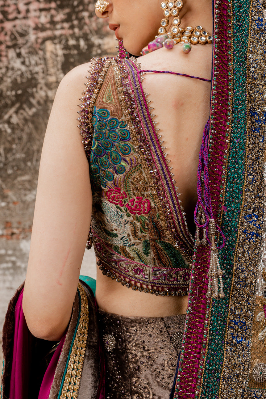 Plum Embroidered Velvet Lehenga Set (3-Piece) - Image 5