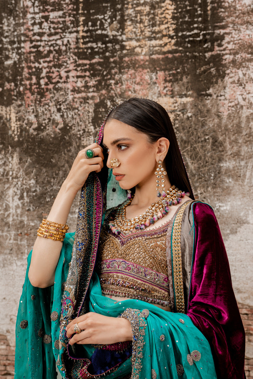 Plum Embroidered Velvet Lehenga Set (3-Piece) - Image 6