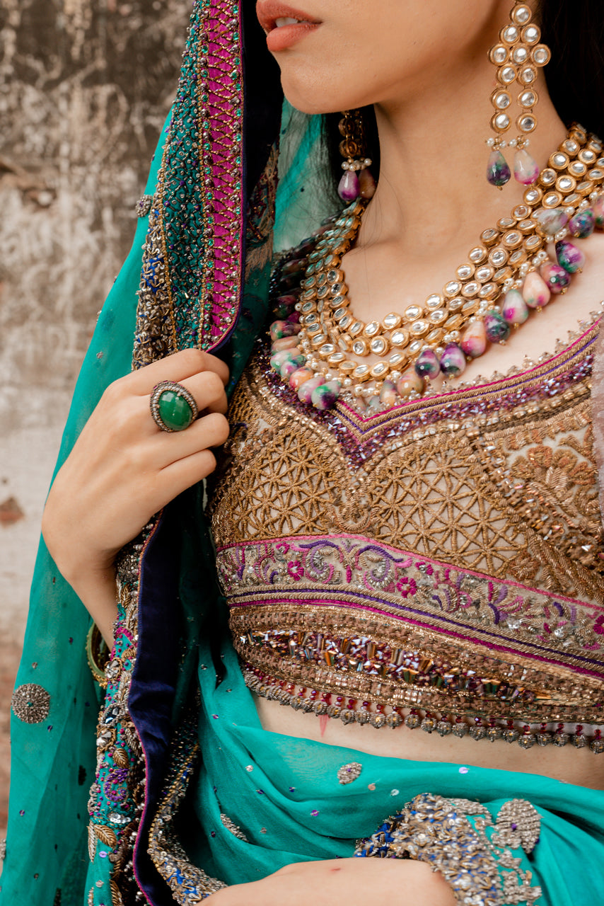 Plum Embroidered Velvet Lehenga Set (3-Piece) - Image 8