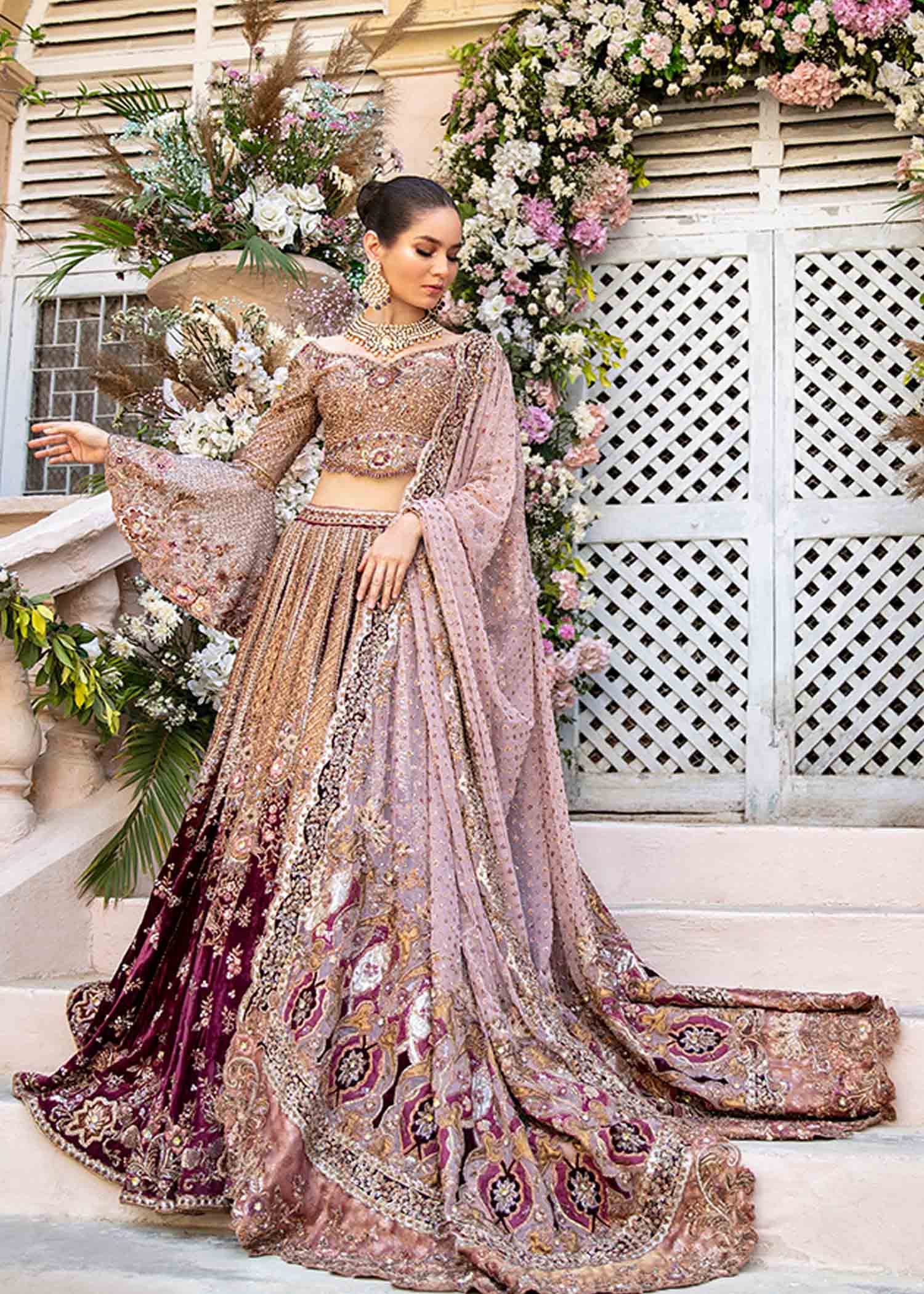 Plum Rose Gold Embellished Velvet Lehenga Choli (3-Piece) - Image 1