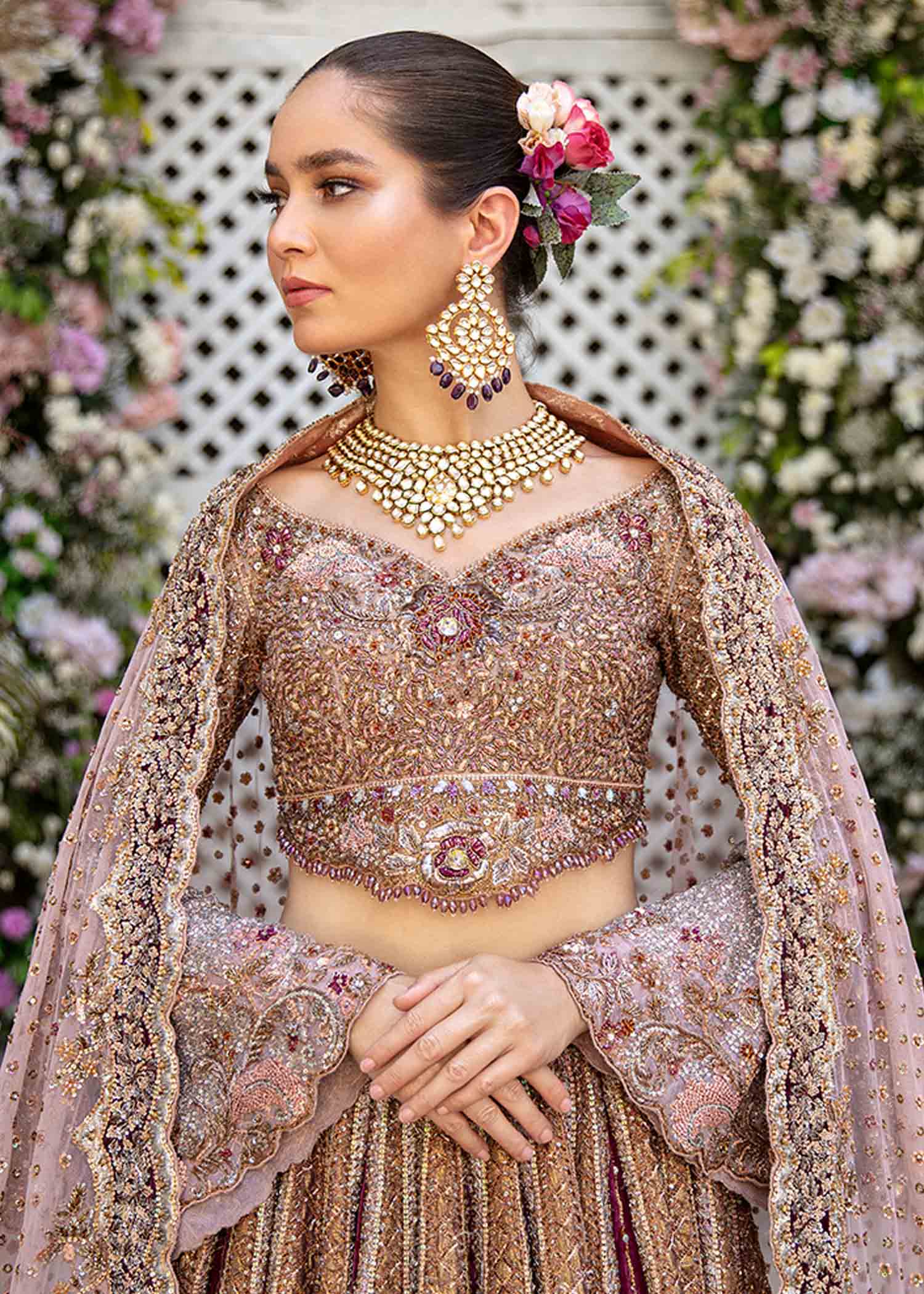 Plum Rose Gold Embellished Velvet Lehenga Choli (3-Piece) - Image 2