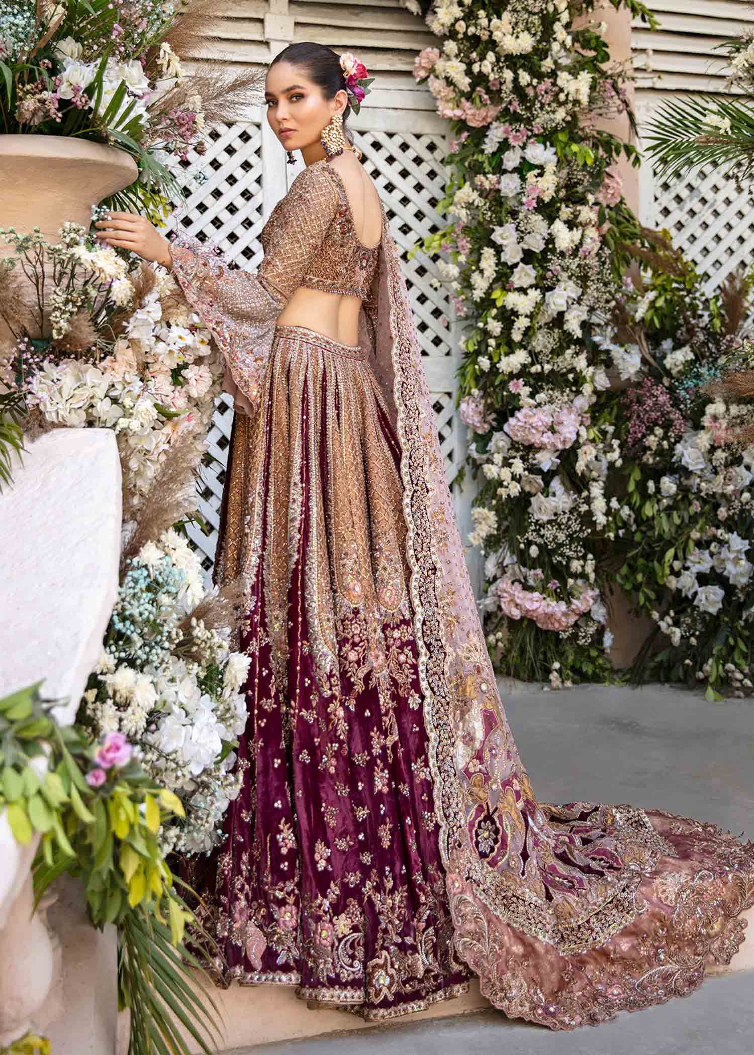 Plum Rose Gold Embellished Velvet Lehenga Choli (3-Piece) - Image 3