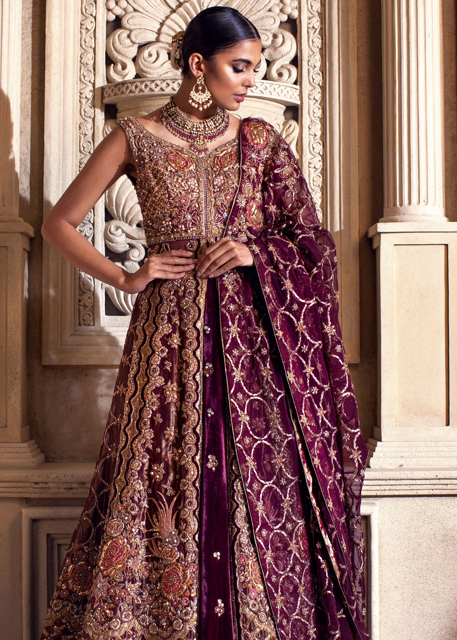 Pakistani Deep Plum Embellished Velvet & Net Bridal Lehenga (3-Piece) - Image 2