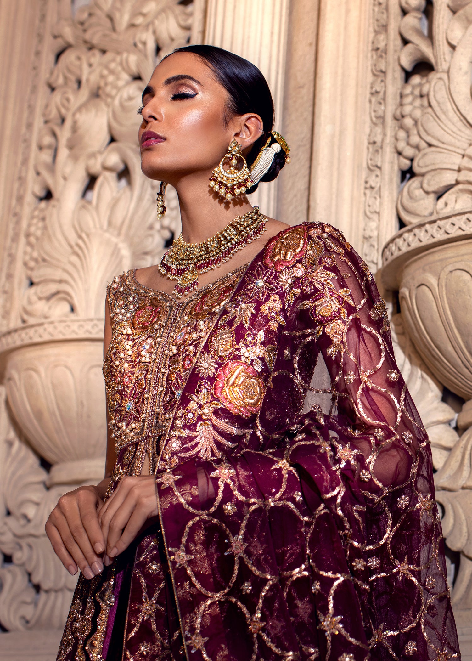 Pakistani Deep Plum Embellished Velvet & Net Bridal Lehenga (3-Piece) - Image 7