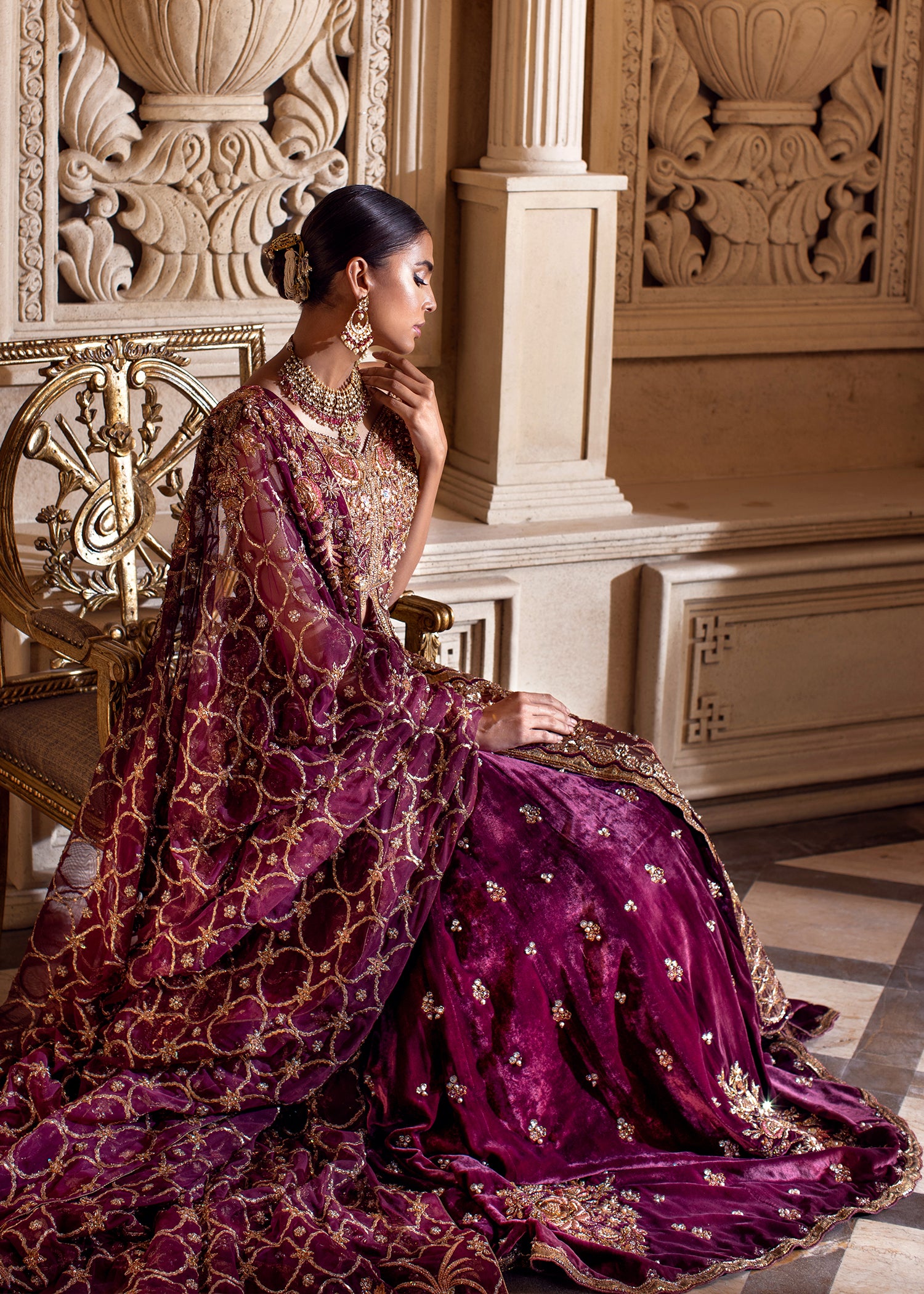 Deep Plum Embellished Velvet Bridal Lehenga (3-Piece) - Image 3