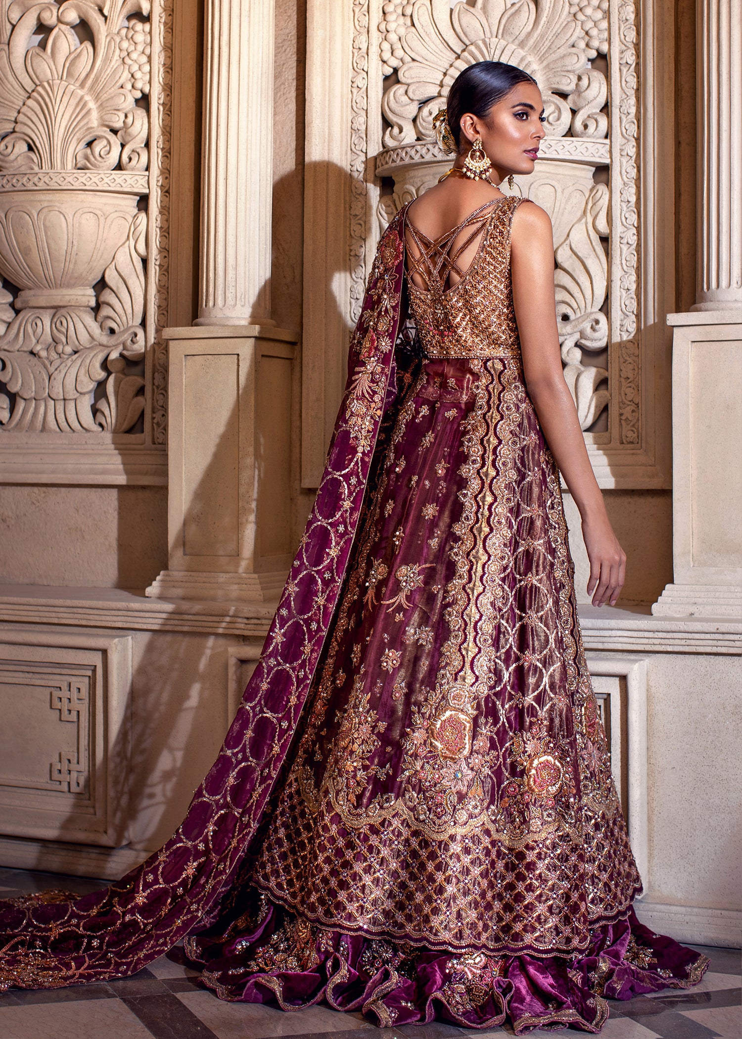 Deep Plum Embellished Velvet Bridal Lehenga (3-Piece) - Image 5