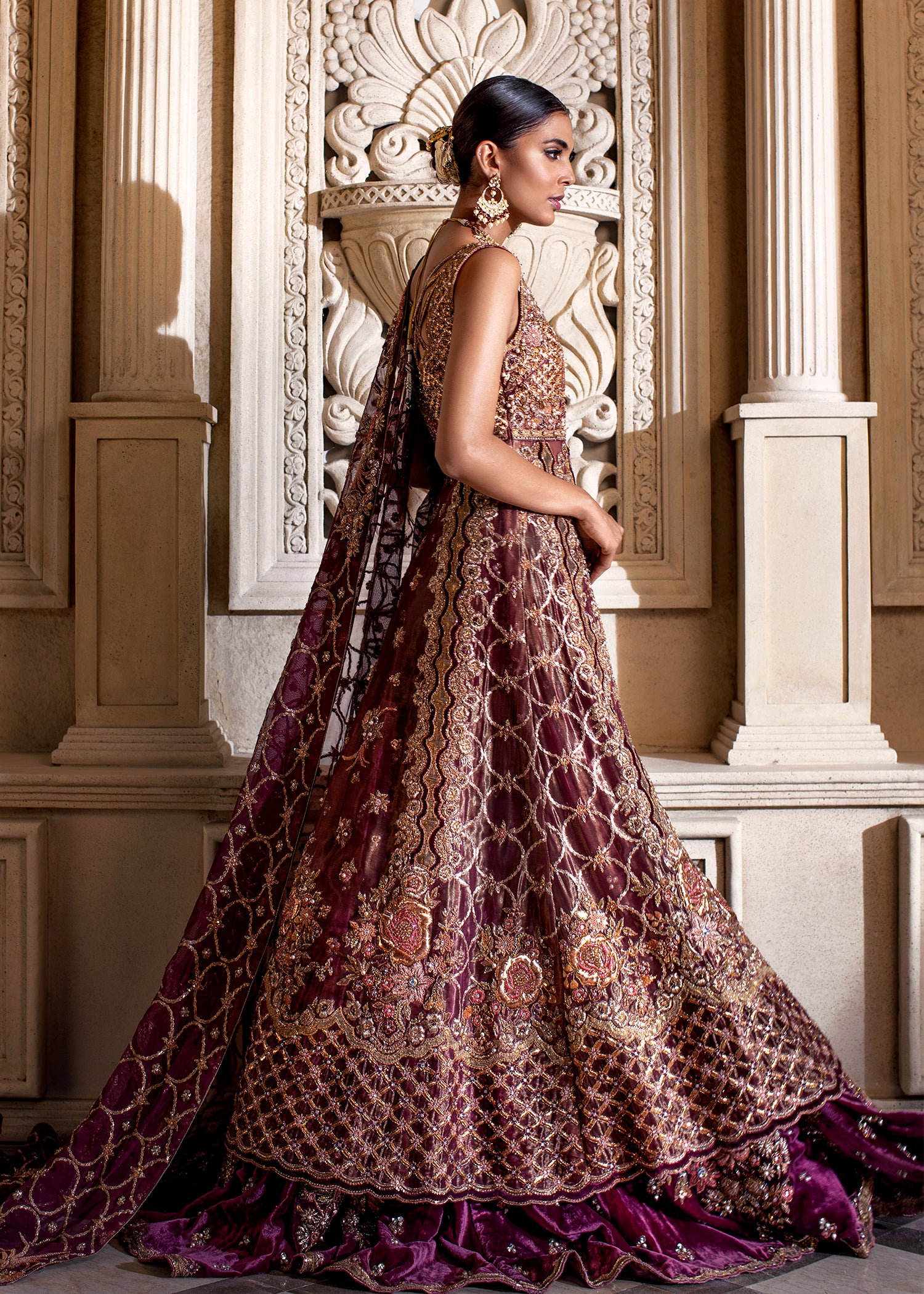 Deep Plum Embellished Velvet Bridal Lehenga (3-Piece) - Image 6