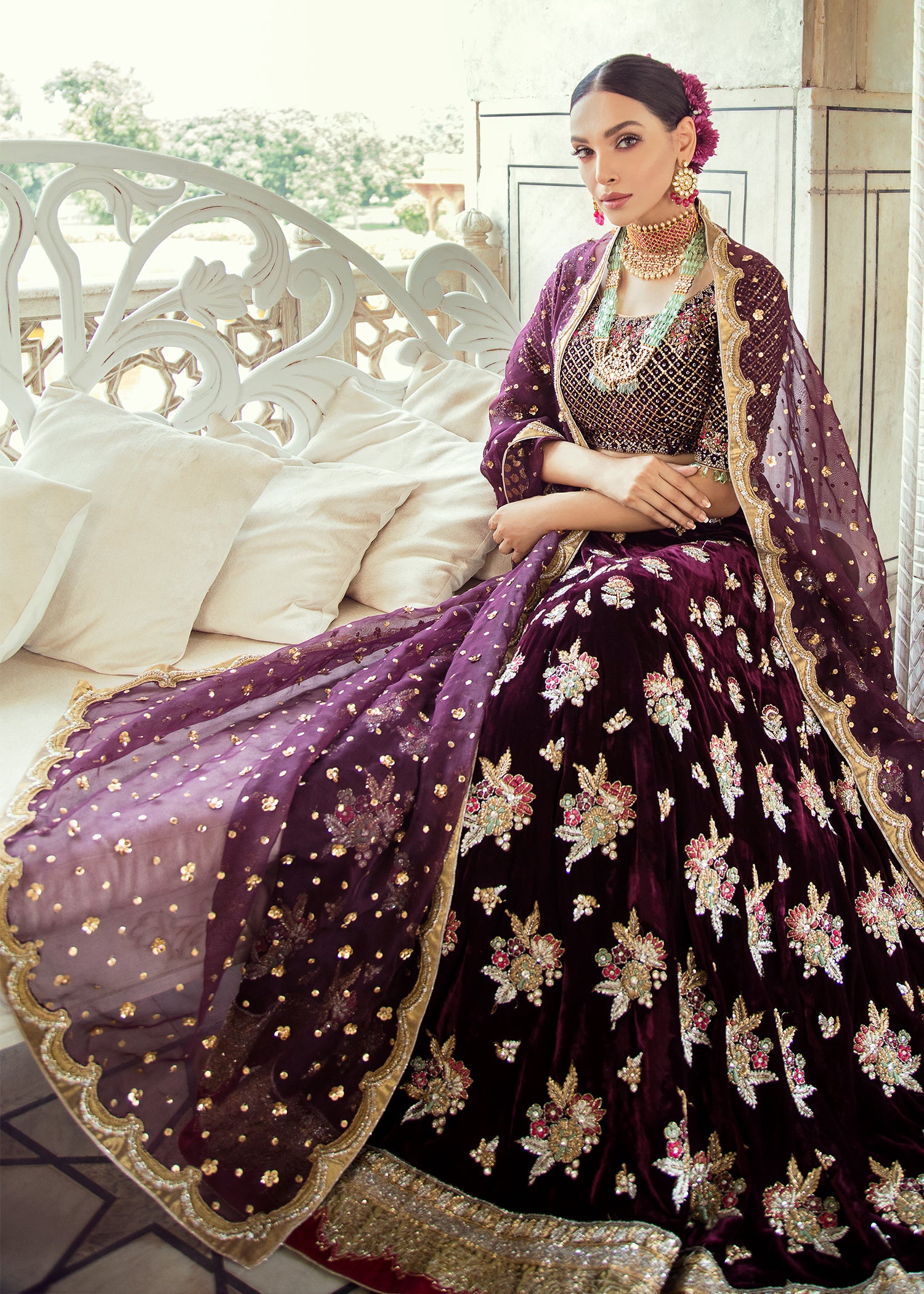 Pakistani Deep Plum Embroidered Velvet Lehenga (3-Piece) - Image 1